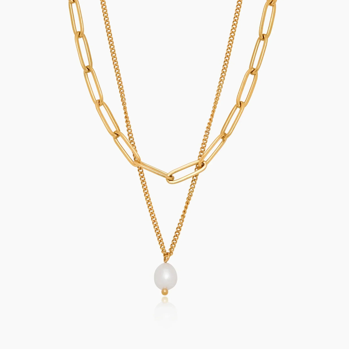 Paperclip & Pearl Drop Layered Necklace