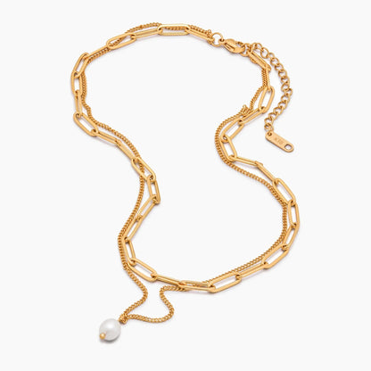 Paperclip & Pearl Drop Layered Necklace