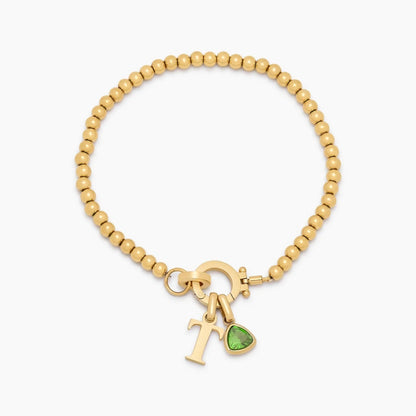 beaded-birthstone-initial-charm-bracelet — Gold / Aug-Peridot