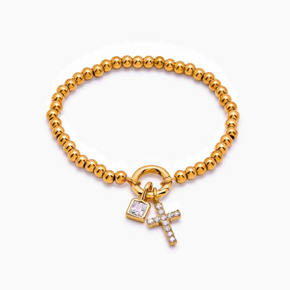 beaded-cross-birthstone-bracelet — Gold / Apr-Diamond
