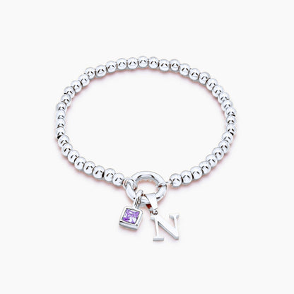 beaded-initial-birthstone-bracelet — Silver / Feb-Amethyst