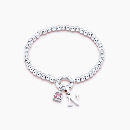 beaded-initial-birthstone-bracelet — Silver / Jul-Ruby