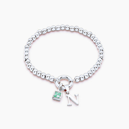 beaded-initial-birthstone-bracelet — Silver / May-Emerald