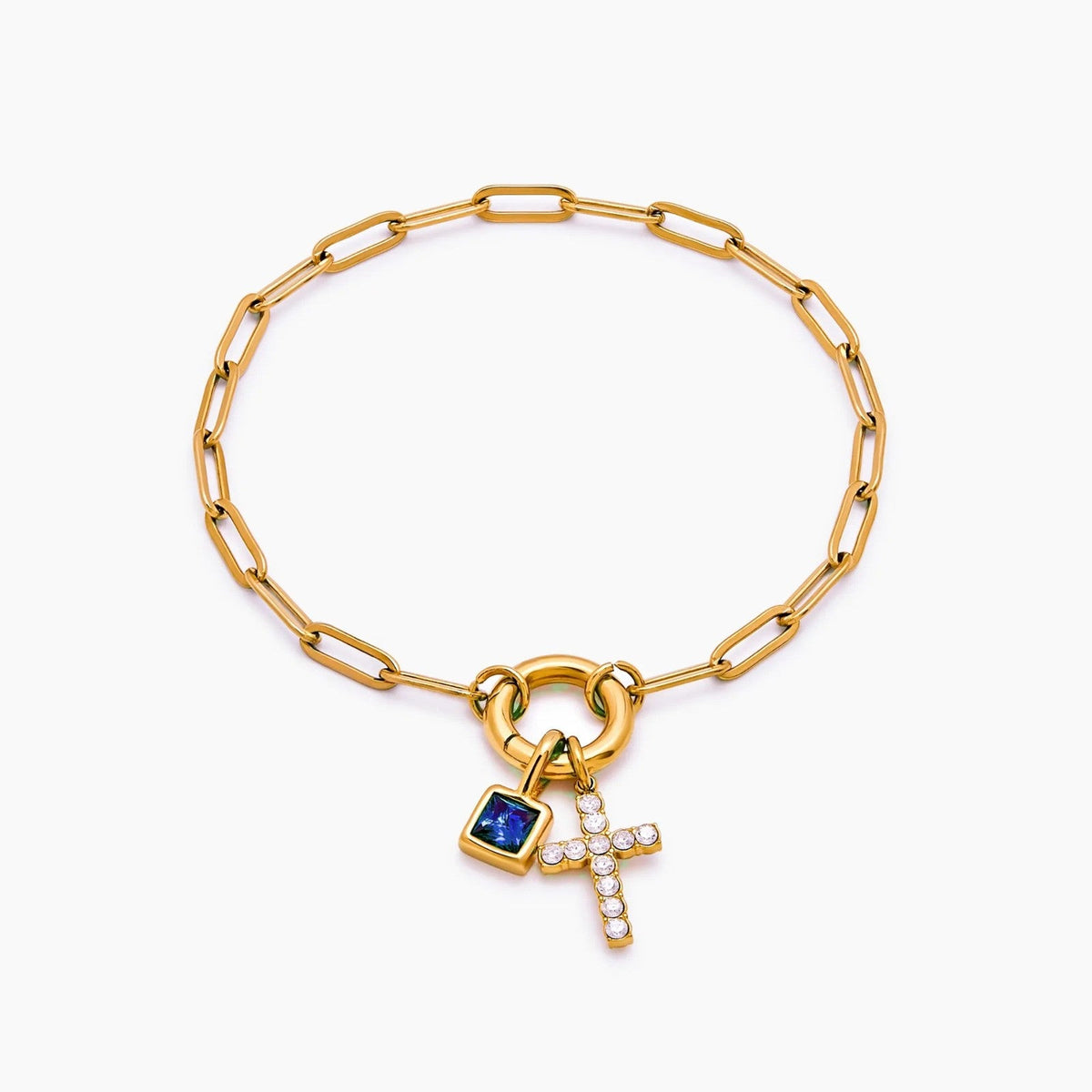paperclip-cross-charm-bracelet — Gold / Dec-Blue Topaz