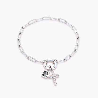 paperclip-cross-charm-bracelet — Silver / Apr-Diamond