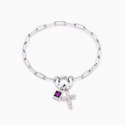 paperclip-cross-charm-bracelet — Silver / Jun-Alexandrite
