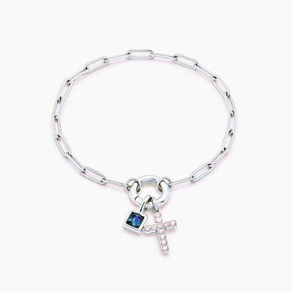 paperclip-cross-charm-bracelet — Silver / Mar-Aquamarine