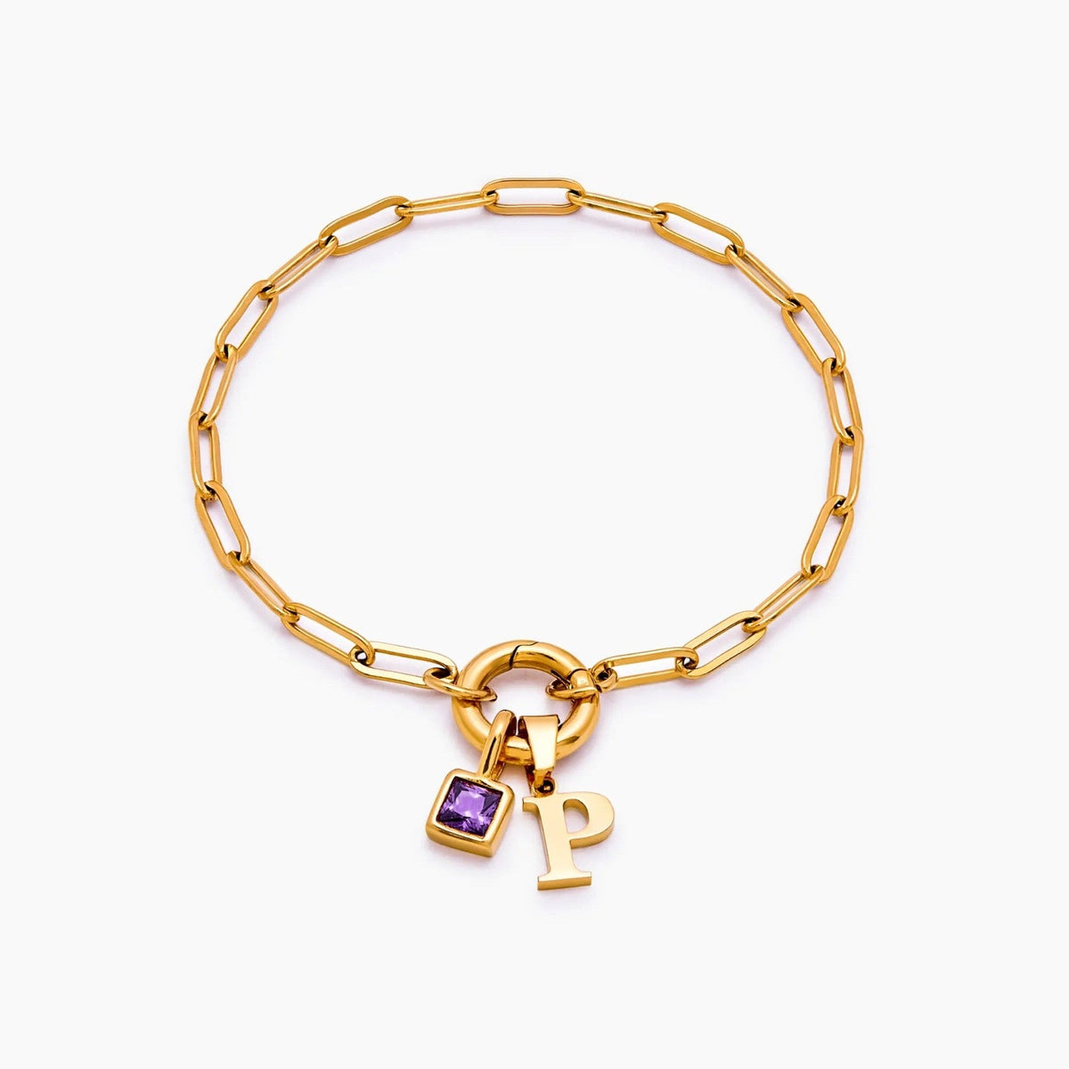 paperclip-initial-birthstone-bracelet — Gold / Feb-Amethyst