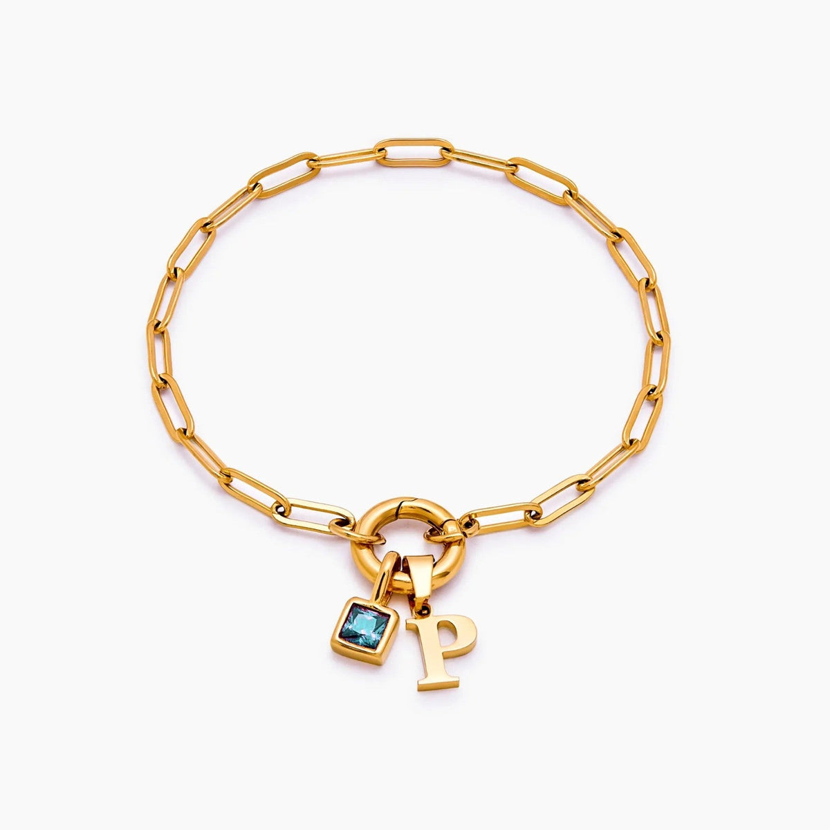 paperclip-initial-birthstone-bracelet — Gold / Mar-Aquamarine