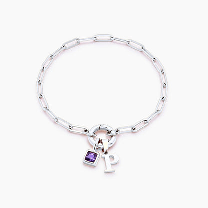 paperclip-initial-birthstone-bracelet — Silver / Jun-Alexandrite