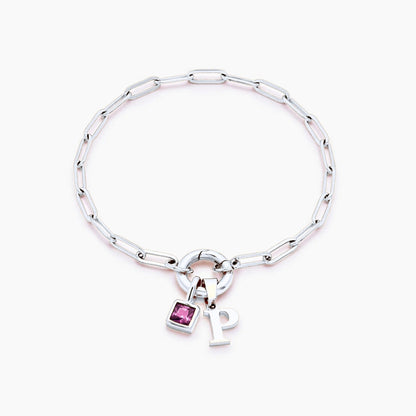 paperclip-initial-birthstone-bracelet — Silver / Oct-Pink Tourmaline