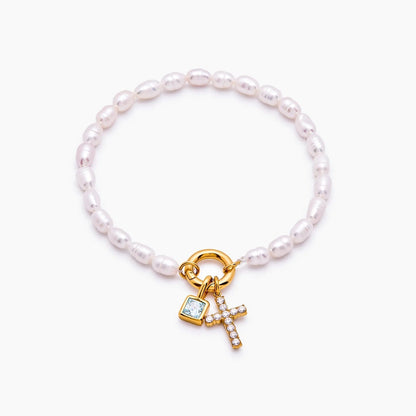 pearl-birthstone-cross-charm-bracelet — Gold / Apr-Diamond