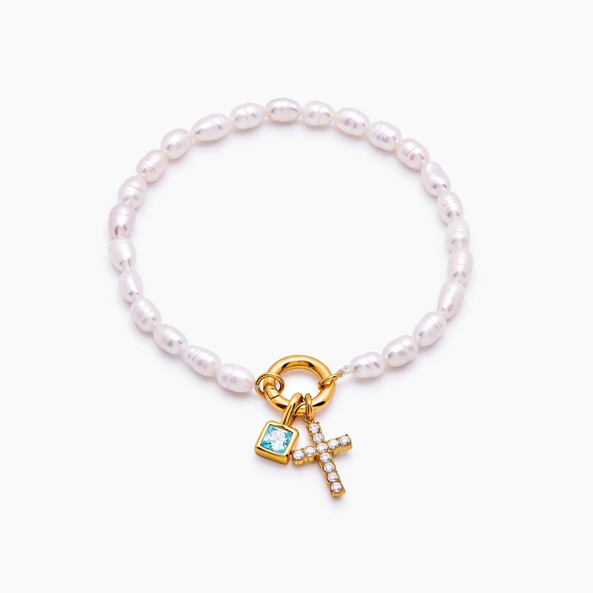 pearl-birthstone-cross-charm-bracelet — Gold / Mar-Aquamarine