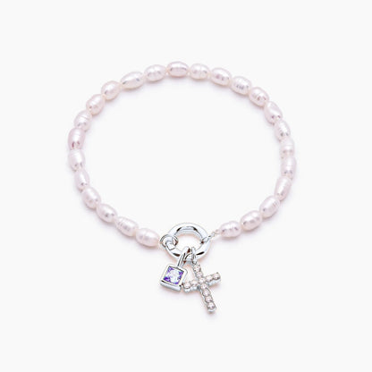 pearl-birthstone-cross-charm-bracelet — Silver / Feb-Amethyst