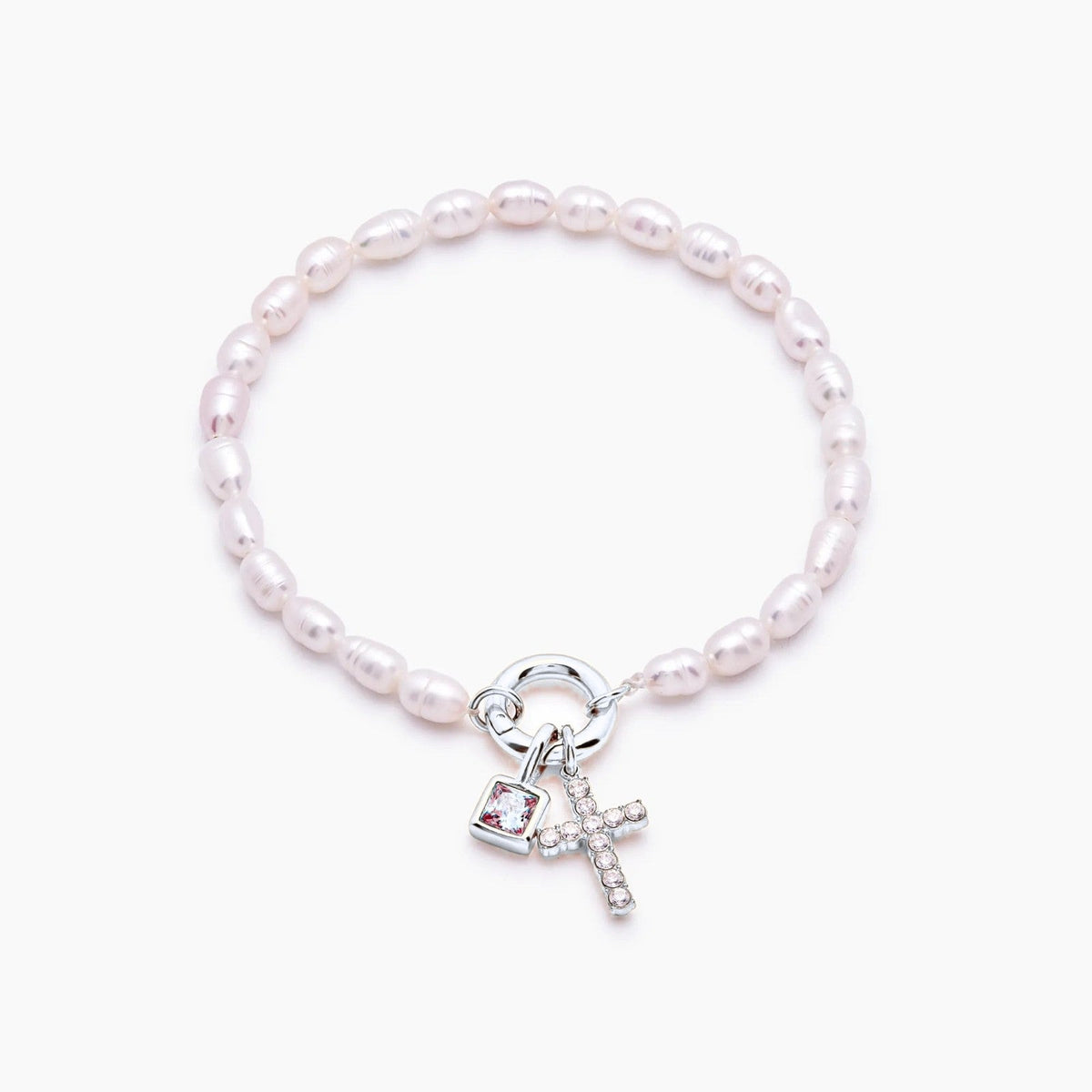 pearl-birthstone-cross-charm-bracelet — Silver / Jan-Garnet