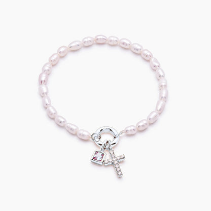 pearl-birthstone-cross-charm-bracelet — Silver / Jul-Ruby