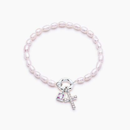 pearl-birthstone-cross-charm-bracelet — Silver / Oct-Pink Tourmaline