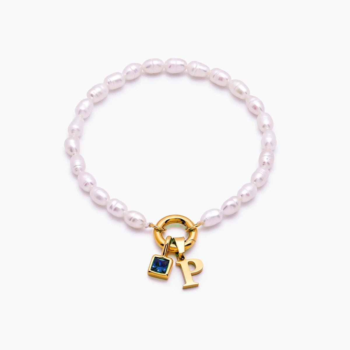 pearl-initial-birthstone-bracelet — Gold / Dec-Blue Topaz
