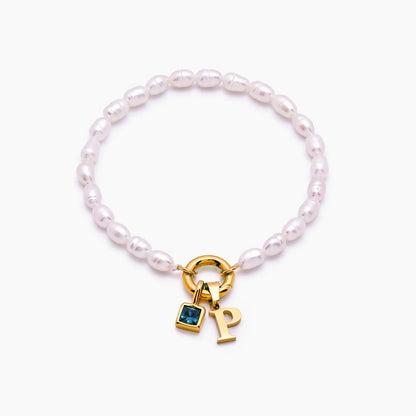 pearl-initial-birthstone-bracelet — Gold / Mar-Aquamarine