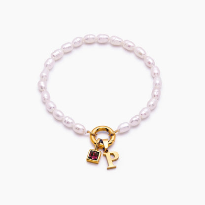 pearl-initial-birthstone-bracelet — Gold / Oct-Pink Tourmaline