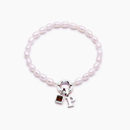 pearl-initial-birthstone-bracelet — Silver / Jan-Garnet