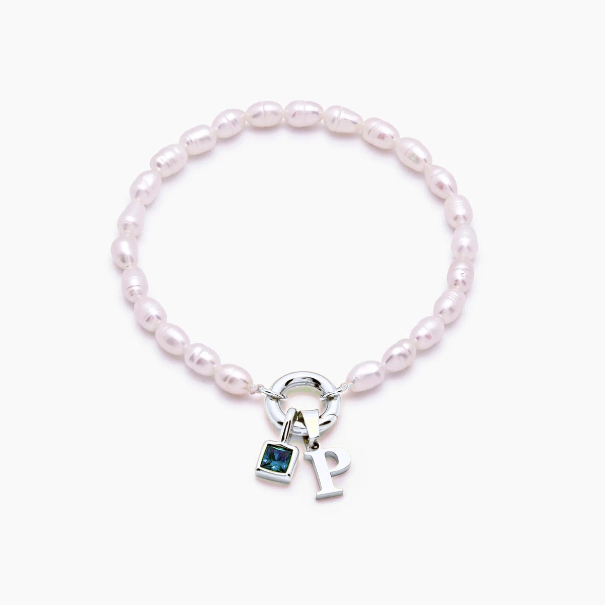 pearl-initial-birthstone-bracelet — Silver / Mar-Aquamarine