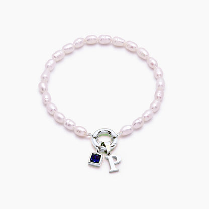 pearl-initial-birthstone-bracelet — Silver / Sep-Sapphire