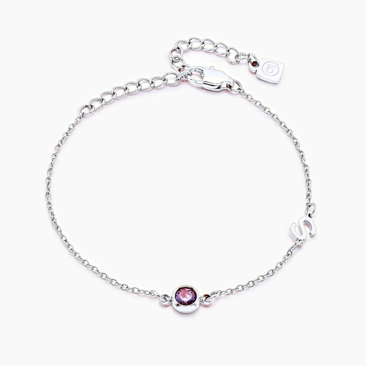 side-set-initial-birthstone-bracelet — Silver / Jul-Ruby
